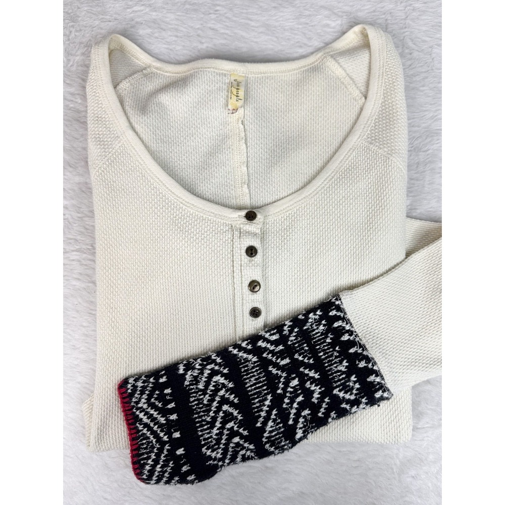 Free People Alpine Cuff Thermal Henley Top Womens L Ivory Fair Isle Boho EUC